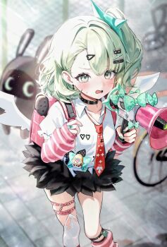 Rule 34 | 1girl, arm warmers, bangboo (zenless zone zero), black choker, black skirt, choker, collared shirt, commentary request, earrings, green eyes, green hair, green nails, hair ornament, hairclip, highres, jewelry, leg warmers, megaphone, musical note earrings, nayul illust, necktie, open mouth, outdoors, pink nails, red necktie, shirt, single thighhigh, skirt, solo, striped arm warmers, striped leg warmers, sunna (zenless zone zero), thighhighs, torn clothes, torn thighhighs, virtual pet (toy), white shirt, white thighhighs, zenless zone zero