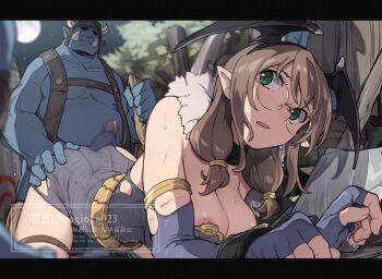 1girl alchemist_(ragnarok_online) artist_name bat_wings bdsm blue_skin blush bondage bound bound_wrists breasts brown_hair censored chain chained chained_wrists colored_skin commentary_request cuffs doggystyle dress elbow_gloves fangs female_focus fur_collar glasses gloves green_eyes grey_dress grey_gloves hairband hand_on_another's_ass head_wings imminent_penetration large_breasts looking_back medium_hair mosaic_censoring nagioka nipple_slip nipples orc parted_lips penis pointy_ears precum ragnarok_online restrained round_eyewear sex sex_from_behind slave sweat torn_clothes torn_dress torn_gloves wings wrist_cuffs