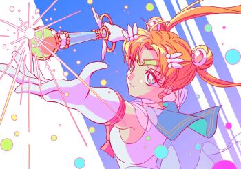 1girl back bishoujo_senshi_sailor_moon blonde_hair blue_eyes blue_sailor_collar circlet closed_mouth commentary crescent crescent_earrings earrings floating_hair gloves hair_bun holding holding_wand jewelry magical_girl prettysavage30 sailor_collar sailor_moon sailor_senshi_uniform solo tsukino_usagi twintails upper_body wand white_gloves