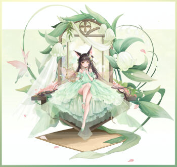1girl absurdres animal_ear_fluff animal_ears aqua_dress aqua_shoes aqua_sleeves azur_lane banchiyuebai bare_shoulders black_hair chinese_commentary closed_mouth commentary_request detached_sleeves dress flower fox_ears full_body hands_up highres holding holding_instrument holding_lyre instrument light_smile long_hair looking_at_viewer lyre nagato_(azur_lane) petals shoes sitting sleeveless sleeveless_dress solo very_long_hair yellow_eyes