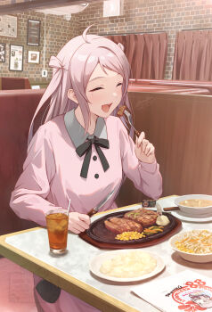 Rule 34 | 1girl, ahoge, black bow, blush, bow, breasts, closed eyes, collared shirt, commentary request, cup, eating, food, fork, highres, holding, holding fork, holding knife, knife, long hair, long sleeves, love live!, love live! nijigasaki high school idol club, love live! nijigasaki high school idol club the movie - finale, mole, mole under eye, open mouth, pink hair, pink shirt, pink skirt, shamakho, shirt, sidelocks, skirt, smile, solo, steak, two side up, zhong lanzhu