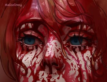 1girl aegyo_sal alicelirmy blood blood_on_face blue_eyes character_request close-up double-parted_bangs eye_focus genshin_impact hair_between_eyes highres long_hair portrait realistic red_hair solo