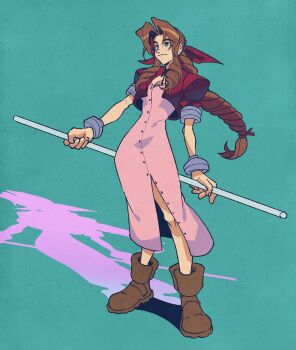 1girl aerith_gainsborough apticho black_choker boots braid braided_ponytail breasts brown_boots brown_hair buttons center_opening choker cleavage closed_mouth cropped_jacket dress final_fantasy final_fantasy_vii full_body green_background green_eyes hair_ribbon highres holding holding_staff jacket light_smile long_dress long_hair medium_breasts parted_bangs pink_dress puffy_short_sleeves puffy_sleeves red_jacket red_ribbon ribbon ribbon_trim short_sleeves sidelocks silver_bangle single_braid solo staff