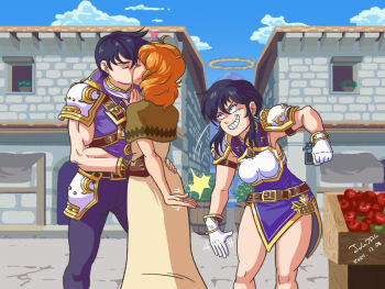 1boy 2girls apple armor bare_legs barrel belt black_hair blue_sky breastplate brother_and_sister closed_eyes cloud commission commissioner_upload couple crate dress earrings fire_emblem fire_emblem:_genealogy_of_the_holy_war food fruit gloves hair_ornament hairclip hand_on_another&#039;s_chest hands_on_another&#039;s_hips heart hetero high_five jewelry john_chrom kiss lana_(fire_emblem) larcei_(fire_emblem) looking_at_another market market_stall motion_lines multiple_girls muscular nintendo orange_hair outdoors pants purple_tunic scathach_(fire_emblem) short_hair shoulder_armor siblings sidelocks sky sleeveless smile thighs tomboy tunic twins