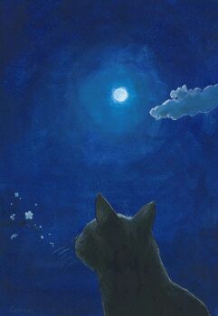 black_cat branch cat cloud commentary_request full_moon goma_ramen_(gomaramen888) highres moon night no_humans original