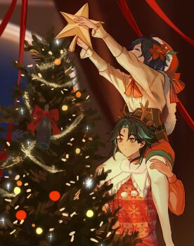 2boys antlers bottle christmas christmas_star christmas_tree closed_eyes closed_mouth covered_mouth genshin_impact hand_on_another's_thigh hat highres horns long_sleeves lumimellow multiple_boys on_person reindeer_antlers ribbon santa_hat sitting sitting_on_person venti_(genshin_impact) xiao_(genshin_impact) yellow_eyes
