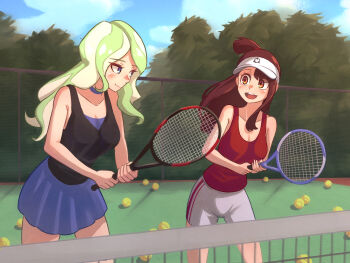 2girls :d absurdres ball blue_eyes blue_skirt blue_sky blush breasts brown_hair closed_mouth commentary_request diana_cavendish green_hair hat highres holding holding_tennis_racket kagari_atsuko little_witch_academia long_hair looking_at_another looking_to_the_side madabau medium_breasts multiple_girls open_mouth orange_eyes outdoors pleated_skirt ponytail racket red_shirt shirt shorts skirt sky smile teeth tennis_ball tennis_racket upper_teeth_only visor_cap white_hat white_shorts