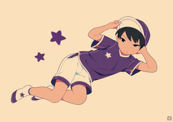 1boy baseball_cap black_eyes black_hair closed_mouth crew_neck frown hand_on_own_head hat head_rest looking_at_viewer lying male_focus noeyebrow_(mauve) on_side original purple_hat purple_shirt purple_trim shirt short_hair short_sleeves shorts simple_background socks solo star_(symbol) uneven_eyes white_shorts white_trim