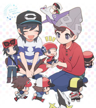 6+boys :d arceus artist_name baseball_cap beanie black_hair black_headwear brendan_(pokemon) brown_hair buttons cable_knit calem_(pokemon) capri_pants chibi closed_eyes closed_mouth cocoloco commentary_request dated elio_(pokemon) ethan_(pokemon) gen_3_pokemon gen_4_pokemon grey_headwear hat hilbert_(pokemon) latios legendary_pokemon lucas_(pokemon) mega_latios mega_pokemon mini_person miniboy multiple_boys mythical_pokemon nate_(pokemon) nintendo notice_lines open_mouth pants plaid pokemon pokemon_(creature) pokemon_bw pokemon_bw2 pokemon_oras pokemon_sm pokemon_swsh pokemon_xy red_shirt riding riding_pokemon running shirt sitting sleeves_rolled_up smile star_(symbol) striped_clothes striped_shirt swept_bangs t-shirt twitter_username victor_(pokemon)