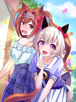 Rule 34 | 2girls, animal ears, bare shoulders, blue skirt, blue sky, blush, bow, bowtie, breasts, brown hair, casual, cloud, collarbone, commentary request, confetti, curren chan (umamusume), daiwa scarlet (casual) (umamusume), daiwa scarlet (umamusume), ear bow, ear covers, fang, frilled shirt, frills, grey hair, hair between eyes, hair intakes, highres, horse ears, horse girl, horse tail, leaning forward, long hair, looking at viewer, multiple girls, off-shoulder shirt, off shoulder, open mouth, outdoors, plaid clothes, plaid skirt, pleated skirt, puffy short sleeves, puffy sleeves, purple bow, purple bowtie, purple eyes, purple shirt, red bow, red eyes, sailor collar, sailor shirt, school uniform, shirt, short hair, short sleeves, skin fang, skirt, sky, smile, tail, tiara, torinosukei, tracen school uniform, twintails, umamusume, very long hair, white sailor collar, white shirt, white skirt