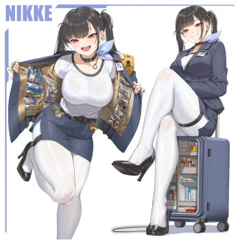 1girl banknote belt black_belt black_choker black_hair black_shoes blue_jacket blue_skirt bra_visible_through_clothes breasts cellphone choker commentary copyright_name crossed_legs fangxiang_cuoluan foot_out_of_frame goddess_of_victory:_nikke grin high_heels highres id_card jacket jewelry large_breasts light_blush long_hair long_sleeves looking_at_viewer medicine_bottle mole mole_under_eye money multiple_rings multiple_views open_clothes open_jacket open_mouth opened_by_self pantyhose phone pumps red_eyes ring rolling_suitcase shirt shoes sitting skirt smartphone smile snake sora_(nikke) standing standing_on_one_leg suitcase thigh_strap twintails white_background white_pantyhose white_shirt