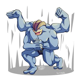 black_male_underwear brown_eyes extra_arms full_body gen_1_pokemon grey_fur looking_at_viewer machamp male_underwear mistray-art muscular muscular_male nintendo open_mouth pokemon pokemon_(creature) signature simple_background solo squatting underwear white_background