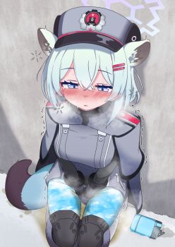 1girl absurdres animal_ears blue_archive blush breasts commentary_request hair_ornament hairclip halo hat highres large_breasts lmc_(lmcgarage) pee peeing peeing_self shigure_(blue_archive) solo tail