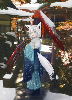 1girl absurdres ahoge animal_ears braid chiaki commentary_request fox_ears fox_girl fox_tail hakama hakama_skirt happy_new_year highres holding holding_umbrella hololive japanese_clothes kimono looking_at_viewer looking_back nengajou new_year oil-paper_umbrella outdoors pentagram shirakami_fubuki single_braid skirt snow snowing solo tail umbrella virtual_youtuber white_hair white_kimono