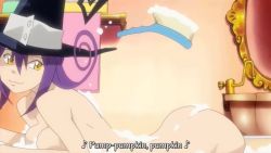 1girl animated anime_screenshot ass ass_shake bath bathing bathtub blair_(soul_eater) breasts character_request cleavage grin hat legs magic nude purple_hair rubber_duck smile soap_bubbles solo soul_eater sound video water witch_hat yellow_eyes