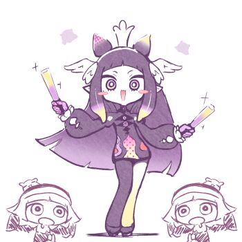 Rule 34 | asymmetrical legwear, blush stickers, commentary request, crown, drooling, fang, gloves, glowstick, head wings, holding, holding glowstick, hololive, hololive english, kaijyu lv27, long hair, mind control, mismatched legwear, mole, mole under eye, mouth drool, ninomae ina'nis, pointy ears, purple eyes, purple gloves, purple hair, skin fang, tako takover (ninomae ina'nis), takodachi (ninomae ina'nis), virtual youtuber, wings