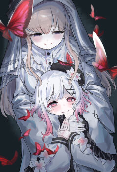 2girls 8nmeter absurdres beret blonde_hair blush bug butterfly flower flower_ornament hair_flower hair_ornament hat highres hikami_meruru hug insect long_hair magical_girl mahou_shoujo_no_majo_saiban multicolored_hair multiple_girls red_butterfly sakuraba_ema short_hair smile veil yuri