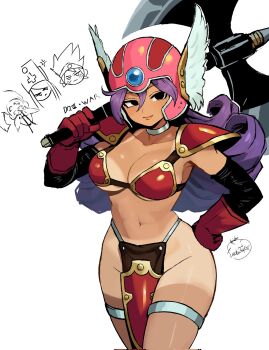 1girl anger_vein armor aroused_nosebleed axe battle_axe bikini_armor bikini_tan blood blue_gem blush breasts dark-skinned_female dark_skin doodle_inset double-sided_axe dragon_quest dragon_quest_iii feet_out_of_frame forehead_jewel frown full_body gem gloves gold_trim hand_on_own_hip hand_up helmet hero_(dq3) highres holding holding_axe jewelry large_breasts long_hair looking_at_viewer lunchiblz mage_(dq3) navel nosebleed over_shoulder pauldrons pelvic_curtain pink_helmet priest_(dq3) purple_hair red_armor red_gloves roto_(dq3) shorts_tan shoulder_armor solo standing tan tanline thighlet warrior_(dq3) weapon weapon_over_shoulder winged_helmet