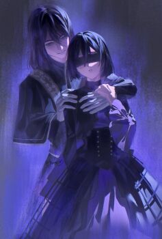 Rule 34 | 1boy, 1girl, alternate costume, arm around neck, black cape, black hair, black shirt, blindfold, cape, cowboy shot, dress, eren yeager, hair between eyes, hand on another's shoulder, hashtag-only commentary, hetero, holding another's wrist, light smile, looking at another, medium hair, mikasa ackerman, parted lips, shingeki no kyojin, shirt, short hair, simple background, turtleneck, turtleneck dress, underbust, yun (dl2n5c7kbh8ihcx)
