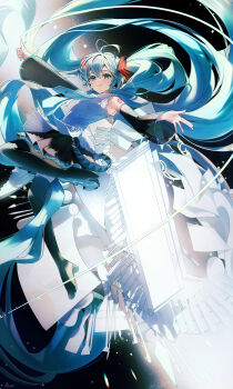 1girl absurdres aqua_hair art_brush black_boots black_skirt black_sleeves blue_eyes blue_necktie boots cello closed_mouth commentary detached_sleeves floating floating_hair flying_paper frilled_shirt frilled_shirt_collar frills full_body grey_shirt hair_ornament hatsune_miku hatsune_miku_happy_16th_birthday_-dear_creators- headphones high_heel_boots high_heels highres instrument kamatoyu keyboard_(instrument) long_hair long_sleeves looking_at_viewer miku_day necktie number_tattoo outstretched_hand paintbrush paper piano_keys pleated_skirt pointing shirt shoulder_tattoo skirt sleeveless sleeveless_shirt smile solo tattoo thigh_boots tools twintails very_long_hair vocaloid white_shirt