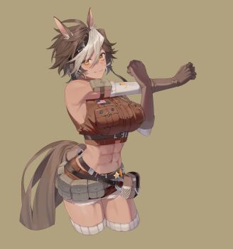 animal_ears breasts brown_background brown_eyes brown_fur brown_gloves brown_hair brown_shirt brown_shorts brown_tail closed_mouth commentary commission cropped_legs cropped_shirt english_commentary gloves hair_between_eyes highres horse_ears horse_girl horse_tail indie_virtual_youtuber kito_(kito_mozooo) large_breasts looking_at_viewer multicolored_hair second-party_source shirt short_hair shorts simple_background sleeveless sleeveless_shirt smile solo stretching tail tomoe_umari tomoe_umari_(1st_costume) virtual_youtuber