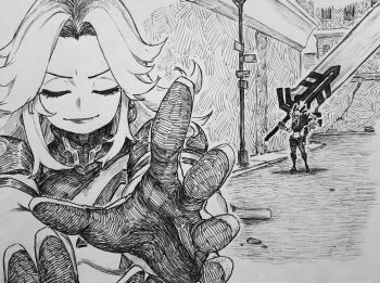 2girls breasts chronozbergh earrings elbow_spikes fantastic_four highres huge_weapon jewelry large_breasts long_hair looking_at_viewer magik_(x-men) marvel marvel_rivals monochrome multiple_girls smile sue_storm superhero_costume weapon x-men