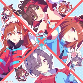 4girls ahoge alternate_costume animal_ears armor believe_(purity)_(umamusume) believe_(umamusume) believe_(umamusume)_(cosplay) blue_gemstone breasts brown_hair chibi commentary_request cosplay costume_switch detached_sleeves ear_covers emblem eyes_visible_through_hair gem hair_between_eyes hair_ornament hair_ribbon hands_on_own_face headband highres horse_ears horse_girl index_finger_raised japanese_armor looking_at_viewer multiple_girls no_reason_(speedy_red_armor)_(umamusume) no_reason_(umamusume) no_reason_(umamusume)_(cosplay) one_eye_closed pink_eyes portrait red_eyes red_headband ribbon ryuu_(ryuraconis) short_hair shoulder_armor single_ear_cover small_breasts smile sode still_in_love_(scarlet_vow_raiment)_(umamusume) still_in_love_(umamusume) still_in_love_(umamusume)_(cosplay) trait_connection transcend_(umamusume) transcend_(umamusume)_(cosplay) transcend_(zoku-zoku_gizmo)_(umamusume) umamusume veil white_hair white_veil yandere_trance yellow_eyes