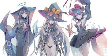 3girls abigail_williams_(fate) abigail_williams_(third_ascension)_(fate) black_dress black_hair blue_eyes china_dress chinese_clothes colored_skin commentary dated dress english_commentary fate/grand_order fate_(series) grey_skin hat highres holding holding_brush joy_ce_0309 katsushika_hokusai_(fate) katsushika_hokusai_(third_ascension)_(fate) keyhole long_hair looking_at_viewer multiple_girls pink_eyes purple_eyes revealing_clothes short_hair signature smile trait_connection white_hair witch_hat yang_guifei_(fate) yang_guifei_(third_ascension)_(fate)