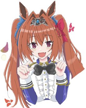 1girl animal_ears blush bow breasts brown_hair daiwa_scarlet_(peak_blue)_(umamusume) daiwa_scarlet_(umamusume) epaulettes fang framed_breasts hair_between_eyes hair_intakes hashtag-only_commentary highres horse_ears horse_girl horse_tail large_breasts long_hair looking_at_viewer open_mouth red_eyes ryouta_1008 shirt skin_fang smile solo tail tiara twintails umamusume very_long_hair