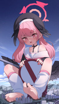 1girl absurdres barefoot beret black_hat black_wings blue_archive blush bra_strap building chinese_commentary commentary_request feathered_wings giant giantess halo hat head_wings highres koharu_(blue_archive) leg_warmers long_hair long_sleeves low_wings mountain neckerchief open_mouth pink_eyes pink_hair pink_halo pink_neckerchief road_closed_to_vehicles_sign road_sign sailor_collar shirt shirt_partially_removed sign single_bare_shoulder sitting solo twintails white_leg_warmers white_sailor_collar winged_halo wings xiamu_chiyu