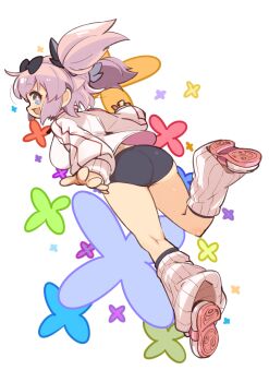 +_+ 1girl ass bow breasts buruma commentary_request cross-shaped_pupils full_body hair_bow hair_ribbon hibari_(senran_kagura) highres jacket long_hair looking_at_viewer loose_socks mota open_mouth purple_hair ribbon senran_kagura smile socks solo symbol-shaped_pupils symbol_in_eye track_jacket twintails