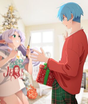 1boy 1girl absurdres alternate_costume blue_eyes blue_hair boxcutter bulge christmas commentary day elf english_commentary erection erection_under_clothes frieren gift green_eyes green_pants highres himmel_(sousou_no_frieren) holding holding_knife indoors jumping khyle. knife long_hair looking_at_another midair paid_reward_available pants pointy_ears red_sweater shirt short_hair short_sleeves smile sousou_no_frieren sweatdrop sweater white_hair white_shirt window