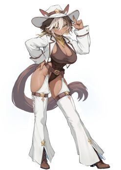 1girl absurdres animal_ears belt belt_buckle breasts brown_belt brown_eyes brown_hair brown_leotard buckle cleavage commentary commission cowboy_hat cowboy_western english_commentary full_body hair_between_eyes hand_on_own_hip hat highres horse_ears horse_girl horse_tail indie_virtual_youtuber jacket large_breasts leotard long_sleeves looking_at_viewer multicolored_hair narrow_waist open_clothes open_jacket pants second-party_source simple_background skeb_commission smile solo standing tail tomoe_umari torisanff14 virtual_youtuber white_background white_hair white_hat white_jacket white_pants