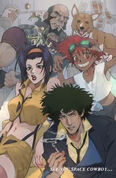 Rule 34 | 2boys, 2girls, adjusting eyewear, balding, beard, bell pepper, black coat, black hair, black necktie, black shorts, brown eyes, cigarette, coat, commentary, cowboy bebop, crop top, instant cup noodles, dark-skinned female, dark skin, edward wong hau pepelu tivrusky iv, ein (cowboy bebop), enerjax, english commentary, english text, facial hair, faye valentine, frying pan, full beard, goggles, goggles on head, green-tinted eyewear, green bell pepper, green eyes, green hair, grin, half-closed eyes, headband, highres, holding, holding cigarette, holding frying pan, instant noodles, jet black, looking at viewer, looking to the side, medium hair, multiple boys, multiple girls, mushroom, navel, necktie, open mouth, orange headband, parted lips, purple hair, red hair, red lips, red shirt, red thighhighs, scar, scar across eye, scar on face, shirt, short hair, shorts, smile, smoke, smoking, spike spiegel, suspenders, thighhighs, tinted eyewear, vest, welsh corgi, white shirt, yellow shirt, yellow shorts