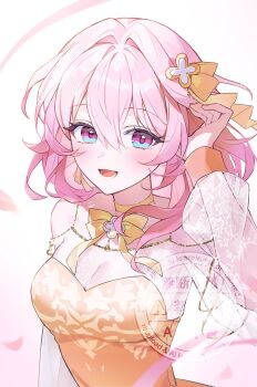 1girl :d alternate_costume blue_eyes bow breasts choker cleavage clothing_cutout commentary_request dress earrings fishnet_sleeves fishnets floral_print flower hair_ornament hand_up highres honkai:_star_rail honkai_(series) jewelry korean_commentary looking_at_viewer march_7th_(honkai:_star_rail) medium_hair miho_(mymiho) multicolored_eyes open_mouth pink_eyes pink_hair ribbon single_earring smile two-tone_eyes upper_body