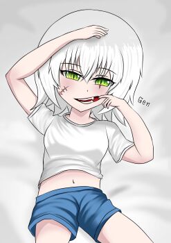 1girl blue_shorts breasts cowboy_shot facial_scar fate/apocrypha fate/extra fate/grand_order fate_(series) green_eyes highres jack_the_ripper_(fate/apocrypha) kanata_genma looking_at_viewer mouth_hold navel non-web_source on_bed open_mouth scar scar_across_eye scar_on_cheek scar_on_face shirt short_hair shorts small_breasts solo source_request tooth white_hair white_shirt