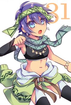 1girl belly blue_eyes breasts clenched_hand commentary_request countdown dark-skinned_female dark_skin eiyuu_densetsu feri_al-fayed jewelry kai_no_kiseki kuro_no_kiseki_(series) looking_at_viewer midriff oigetsudou_(byakuya_yuu) open_mouth purple_hair scarf simple_background small_breasts