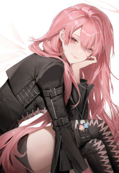 1girl absurdres arknights bd_x0x black_boots black_dress boots closed_mouth cropped_jacket cross-laced_clothes crossed_legs detached_wings dress energy_wings from_side halo hand_on_own_cheek hand_on_own_face highres jacket lace-up_boots leaning_forward lemuen_(arknights) long_hair long_sleeves looking_at_viewer looking_to_the_side open_clothes open_jacket pink_eyes pink_hair simple_background sitting smile solo thigh_boots thighhighs unzipped very_long_hair white_background wings zettai_ryouiki zipper