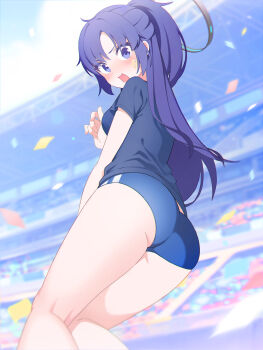 Rule 34 | 1girl, absurdres, ass, blue archive, blue buruma, blue shirt, blurry, blurry background, blush, breasts, buruma, commentary request, enomi-illust, flustered, hair between eyes, halo, highres, long hair, looking at viewer, mechanical halo, open mouth, panicking, purple eyes, purple hair, shirt, sky, stadium, star (symbol), star sticker, sticker, sticker on face, sweat, t-shirt, thighs, very long hair, yuuka (blue archive), yuuka (track) (blue archive)