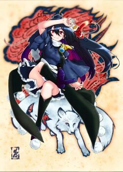 1girl animal armor black_coat black_hair black_socks blue_dress blue_hair breasts carbohydrate_(asta4282) closed_mouth coat commentary_request dress frilled_dress frills full_body geta gradient_hair hair_between_eyes happy hat highres holding holding_mask iizunamaru_megumu inubashiri_momiji inubashiri_momiji_(wolf) kneehighs long_hair long_sleeves looking_at_viewer mask medium_breasts multicolored_hair pauldrons pom_pom_(clothes) purple_hair purple_shoes red_eyes shoes shoulder_armor shoulder_guard smile socks solo surcoat tengu-geta tengu_mask tokin_hat touhou very_long_hair wide_sleeves