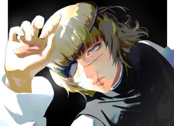 1boy 333takoyaki absurdres badeni black_background black_tabard blonde_hair blunt_bangs border chi.:_chikyuu_no_undou_ni_tsuite closed_mouth eyepatch grey_eyes highres male_focus medium_hair scar scar_on_face scar_on_mouth scar_on_nose shading_eyes shirt solo tabard tonsure upper_body white_border white_shirt