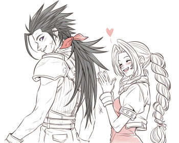 1boy 1girl aerith_gainsborough armor belt black_hair blush braid braided_ponytail closed_eyes commentary couple cross_scar crylin6 dress drill_hair drill_sidelocks english_commentary facial_scar facing_another final_fantasy final_fantasy_vii from_side hair_ribbon heart height_difference jacket long_hair low_ponytail multiple_belts open_clothes open_jacket open_mouth parted_bangs parted_lips pink_dress pink_ribbon ponytail profile ribbed_sweater ribbon scar scar_on_cheek scar_on_face shoulder_armor sidelocks simple_background sleeveless sleeveless_turtleneck spiked_hair sweater turtleneck turtleneck_sweater upper_body zack_fair