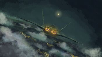 above_clouds absurdres ace_combat ace_combat_7 afterburner aircraft airplane canopy_(aircraft) city city_lights cityscape cloud commentary_request dutch_angle f-22_raptor farbanti fighter_jet from_behind half_moon highres military_vehicle moon night night_sky no_humans outdoors shinji_(shinjisq) sky star_(sky) vehicle_focus