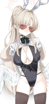 1girl angel_wings animal_ears blue_archive body_chain breasts halo highres large_breasts long_hair nagisa_(blue_archive) nagisa_(swimsuit)_(blue_archive) playboy_bunny plunging_neckline rabbit_ears sam_szero simple_background solo standing sunglasses swimsuit white_background wings