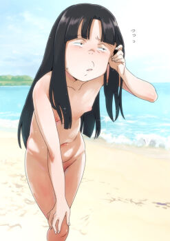 1girl beach bent_over bikini black_hair blush commentary_request day flat_chest fusano_kirara gegege_no_kitarou highres jimiko long_hair mizu_kane mob_face navel nude outdoors sand sweatdrop swimsuit water