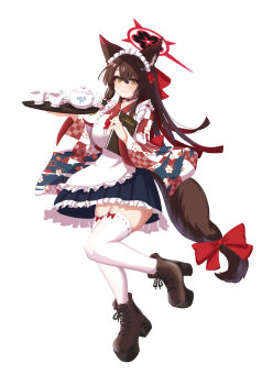1girl absurdres alternate_costume animal_ear_fluff animal_ears apron black_hair black_skirt blue_archive blush boots bow brown_boots checkered_clothes checkered_kimono closed_mouth colored_inner_hair commentary_request fox_ears fox_girl fox_tail hair_between_eyes hair_bow halo high_heel_boots high_heels highres holding holding_menu japanese_clothes kimono kuroamayo long_hair looking_at_viewer maid maid_apron maid_headdress menu multicolored_hair red_bow red_hair red_halo red_kimono skirt smile solo tail tail_bow tail_ornament thighhighs two-tone_hair wakamo_(blue_archive) white_thighhighs wide_sleeves yellow_eyes zettai_ryouiki