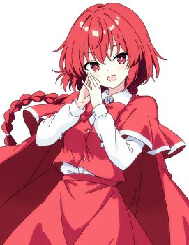 1girl absurdres blush bow bowtie cape capelet collared_shirt commentary cowboy_shot highres long_braid long_hair long_sleeves looking_at_viewer okazaki_yumemi open_mouth own_hands_together pioartstuff red_bow red_bowtie red_cape red_capelet red_eyes red_hair red_skirt red_vest shirt simple_background skirt smile solo touhou touhou_(pc-98) vest white_background white_shirt