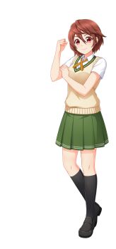 1girl artist_request black_shoes black_socks brown_hair cinderella_series closed_mouth green_skirt hachigatsu_no_cinderella_nine hair_between_eyes hand_on_own_arm highres kneehighs looking_at_viewer neck_ribbon official_art orange_ribbon red_eyes ribbon school_uniform serizawa_musubi shirt shoes short_hair short_sleeves skirt socks solo sweater_vest transparent_background white_shirt yellow_sweater_vest