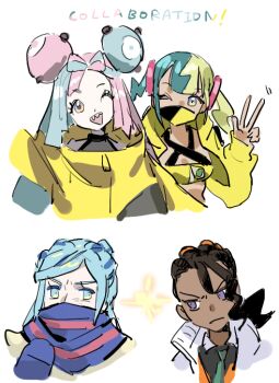2boys 2girls aqua_eyes aqua_hair bandeau black_mask blonde_hair blue_hair blue_mittens blue_scarf bow-shaped_hair breasts brown_hair canari_(pokemon) character_hair_ornament cleavage closed_mouth collared_shirt dark-skinned_male dark_skin eyelashes fake_hair_bun gen_1_pokemon green_necktie grusha_(pokemon) hair_ornament iono_(pokemon) jacket long_hair long_sleeves magnemite mask midriff mittens mouth_mask multicolored_hair multiple_boys multiple_girls naveen_(pokemon) necktie nintendo open_clothes open_jacket open_mouth orange_vest pink_hair pokemon pokemon_legends:_z-a pokemon_sv raine_(acke2445) scarf scarf_over_mouth sharp_teeth shirt short_twintails smile split-color_hair strapless teeth tube_top twintails two-tone_mask undercut vest x_(symbol) yellow_jacket yellow_mask yellow_tube_top