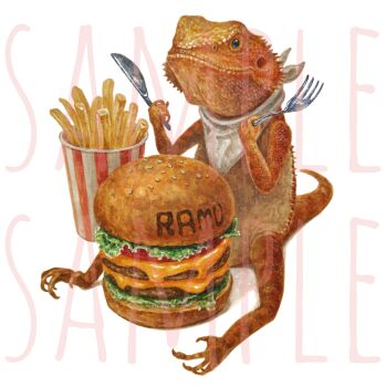 absurdres animal animal_focus bucket burger commentary_request food food_focus fork french_fries highres holding holding_fork holding_knife kanou_(pixiv_37964562) knife lizard no_humans original painting_(medium) sample_watermark simple_background traditional_media watercolor_(medium) watermark white_background